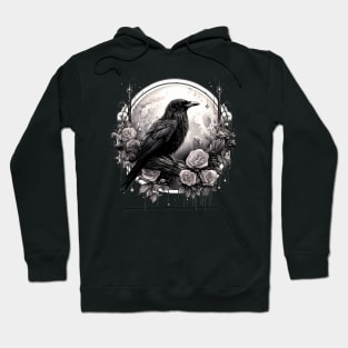 Gothic Crow, Full Moon, Roses, Raven Edgar Allan Poe Witchy Mystic Hoodie